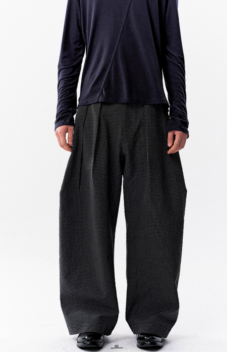 High-Waist Micro-Check Pattern Wide Leg Pants