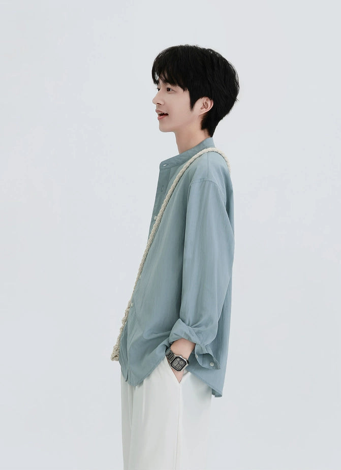 Oversized Long Sleeve Band Collar Button-Up Shirt