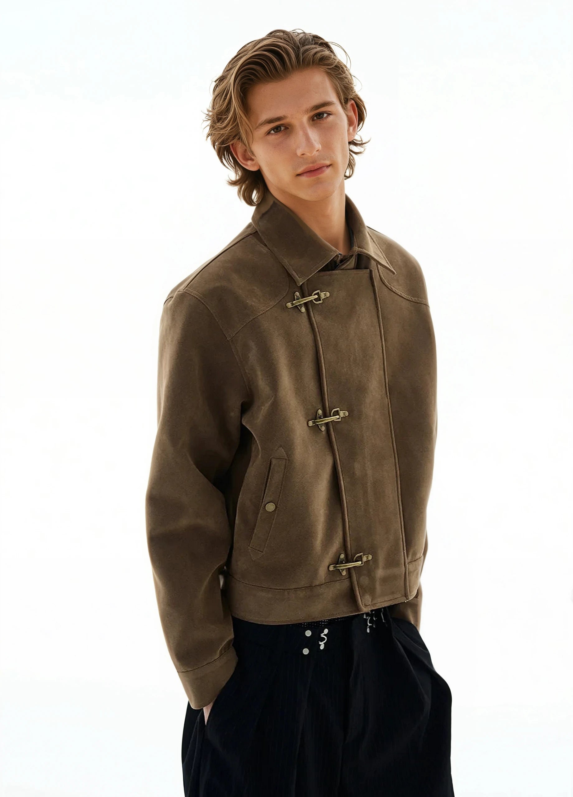 Asymmetric Fireman Buckle Mid Crop Suede Jacket