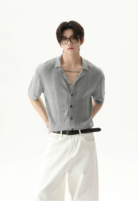 Cable Knit Button-Up Short Sleeve Shirt with Open Collar - nightcity clothing