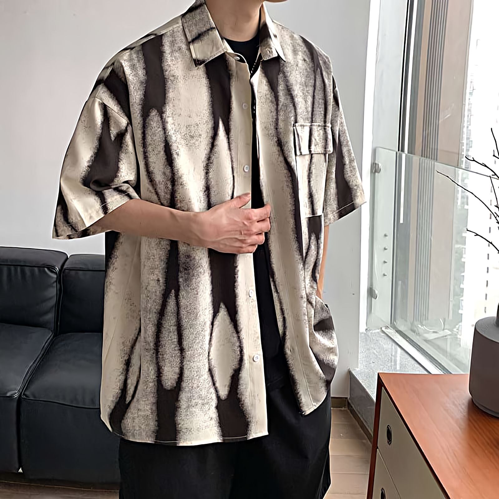 Abstract Print Button Shirt