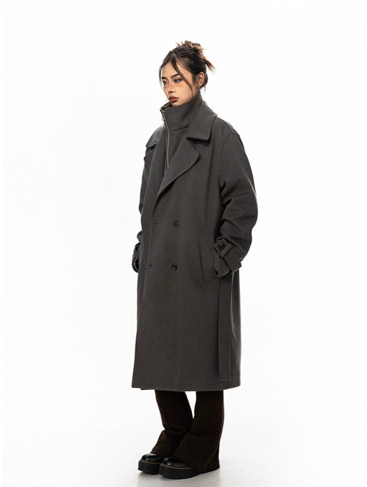 Oversized Belted Double Breasted Coat with Wide Collar