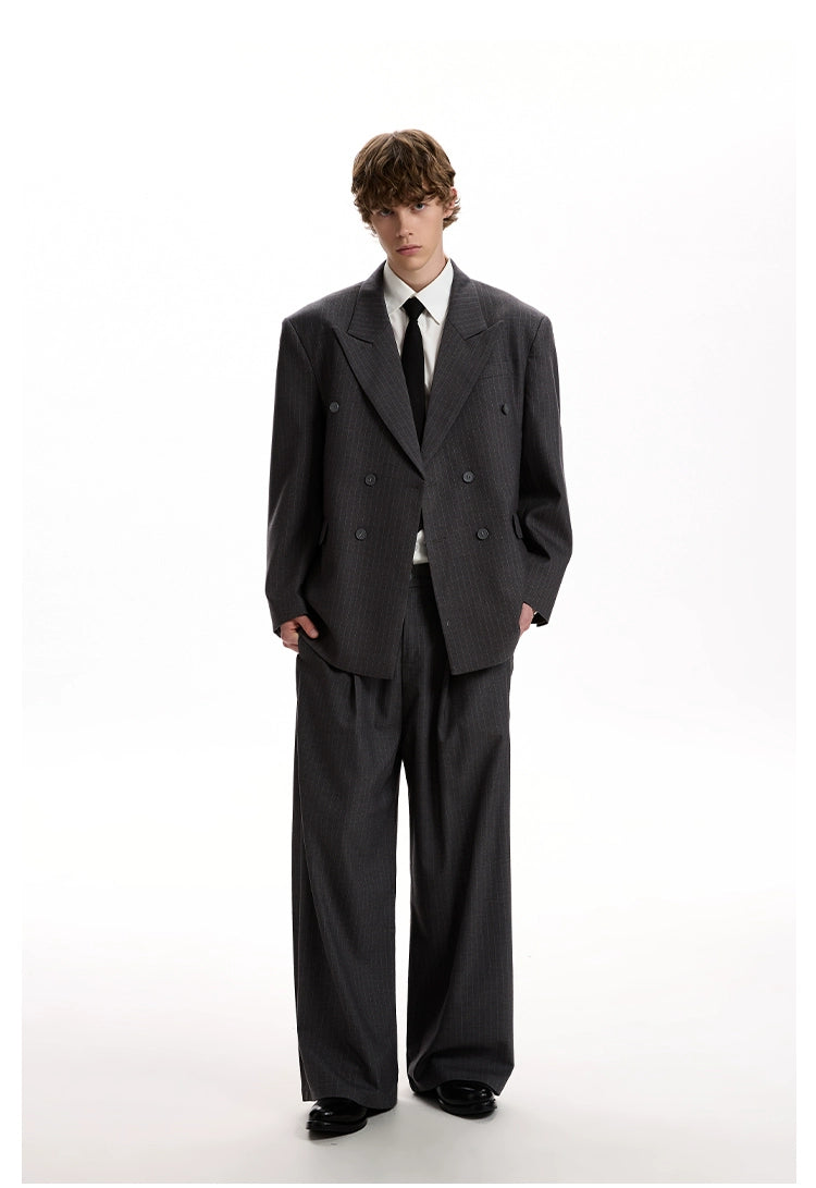 Boxy Double-Breasted Pinstripe Blazer and Wide Leg Pleated Pants Two-Piece Set