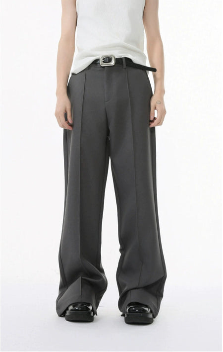 Wide Leg Semi-Flare Pleated Trousers with Stitching Details and Extended Hem