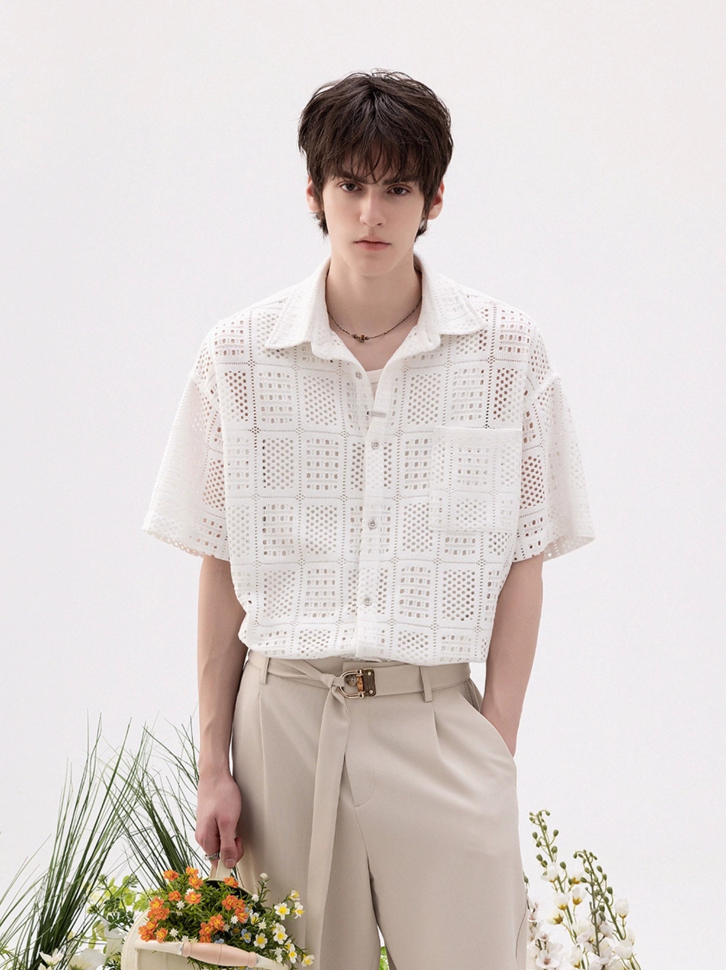 Open Knit Drop Shoulder Short Sleeve Button Shirt