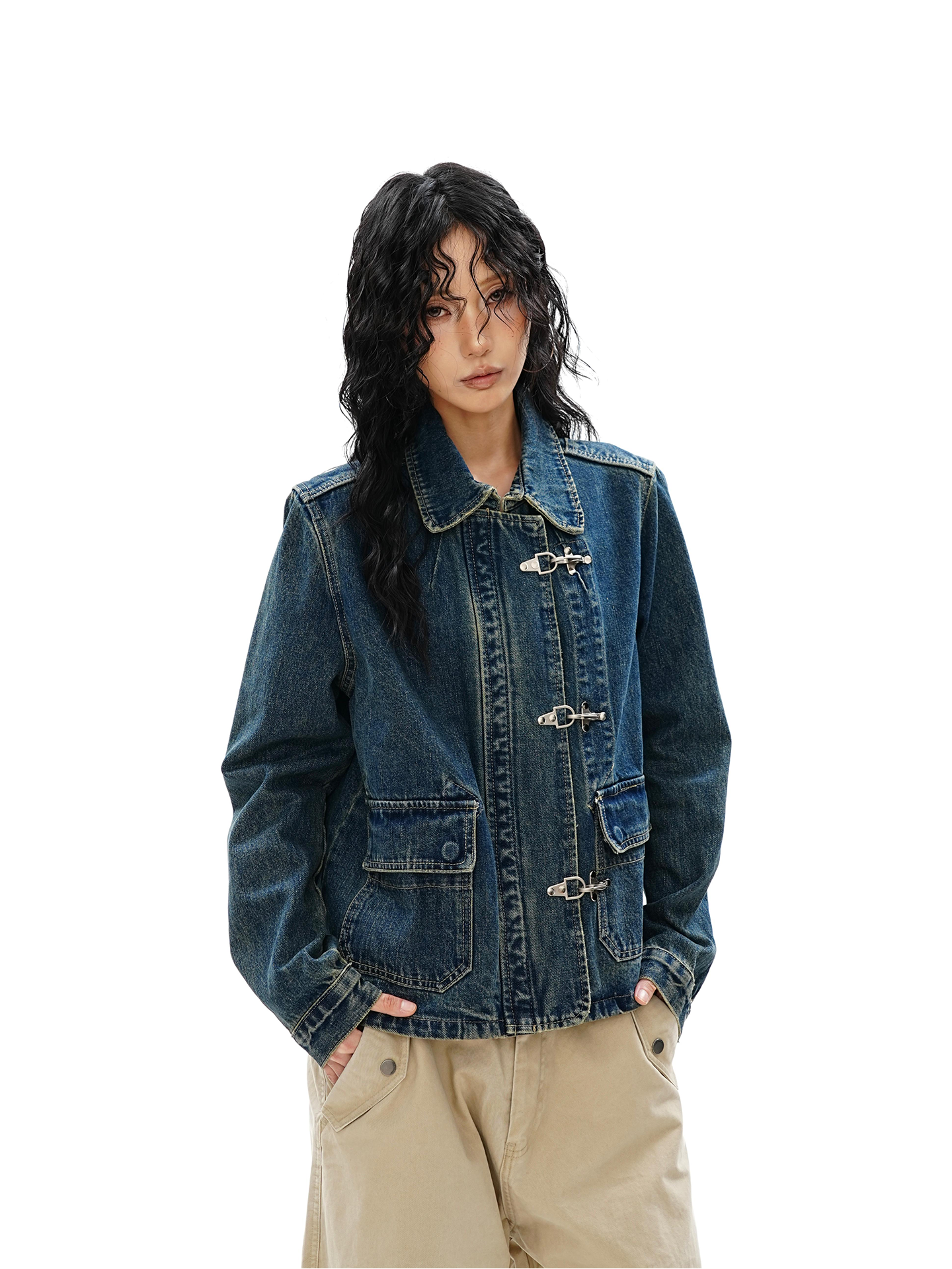 Vintage Wash Slim-Fit Denim Jacket with Fireman Clasp Closures