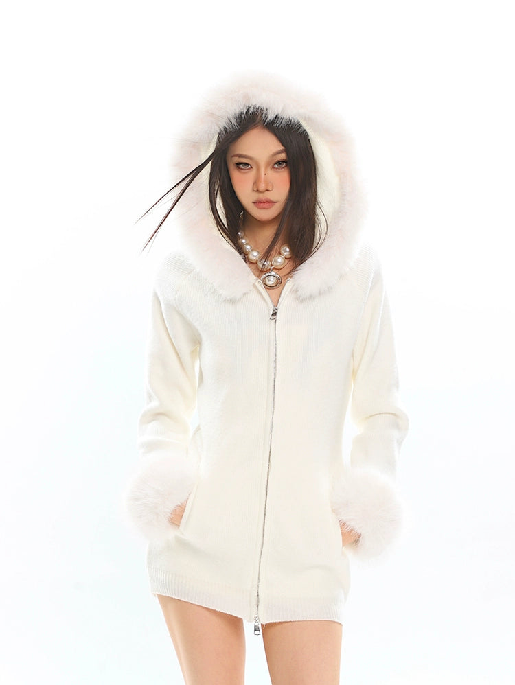 Faux Fur Trim Hooded Zip-Up Knit Jacket - Main Image