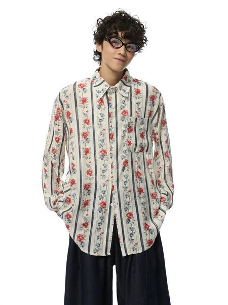 Floral Stripe Print Oversized Button-Up Shirt - nightcity clothing