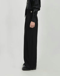 Wide Leg Pleated Palazzo Trousers with Belt Detail