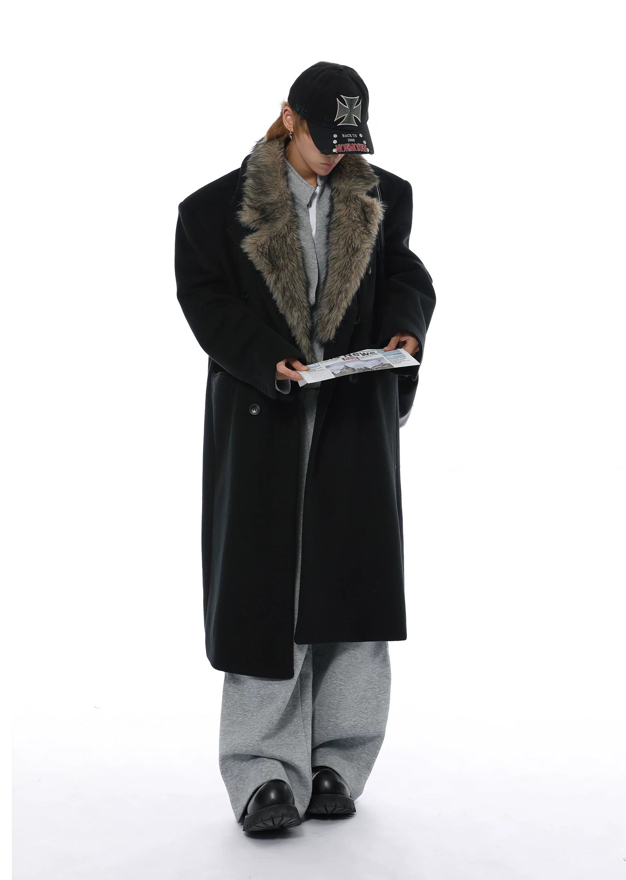 Longline Overcoat with Detachable Faux Fur Collar - nightcity clothing
