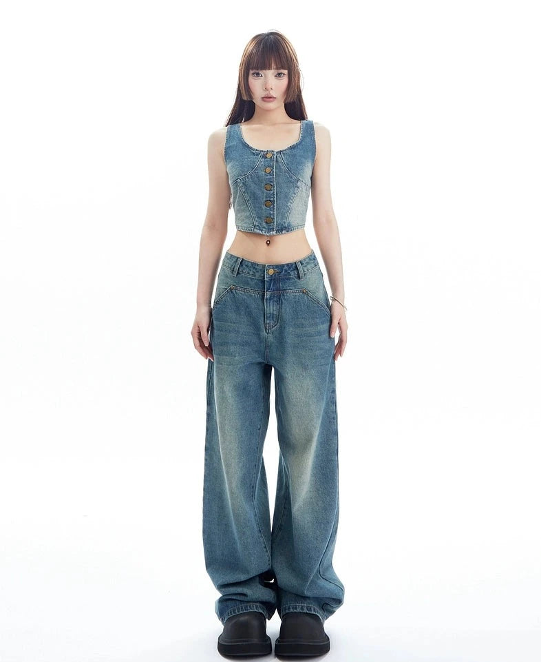 Sandblast Cropped Denim Vest and Wide-Leg Jeans Two-Piece Set