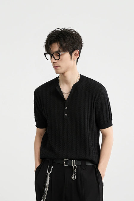 Textured Knit Ribbed Trim Half Button Short Sleeve Shirt
