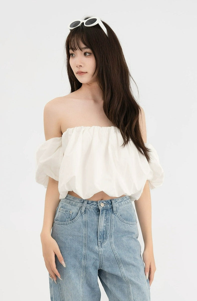 Ruffled Off-Shoulder Puff Sleeve Crop Top