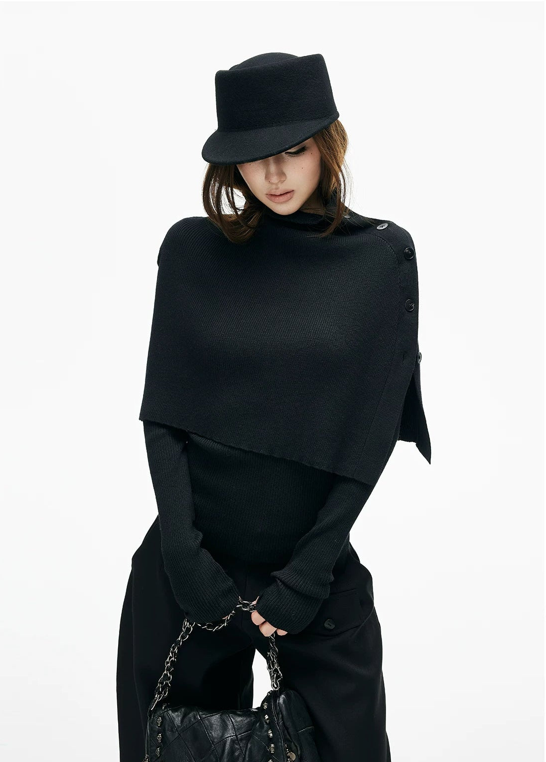 Slim Knit Long Sleeve Top with Removable Button Cape - nightcity clothing