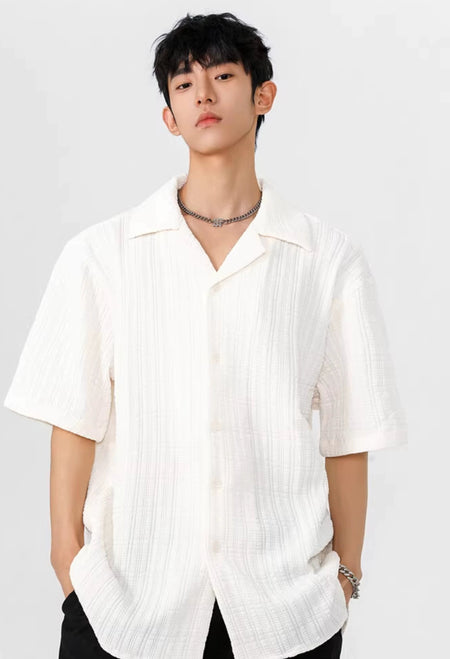 Textured Button-Up Shirt with Camp Collar