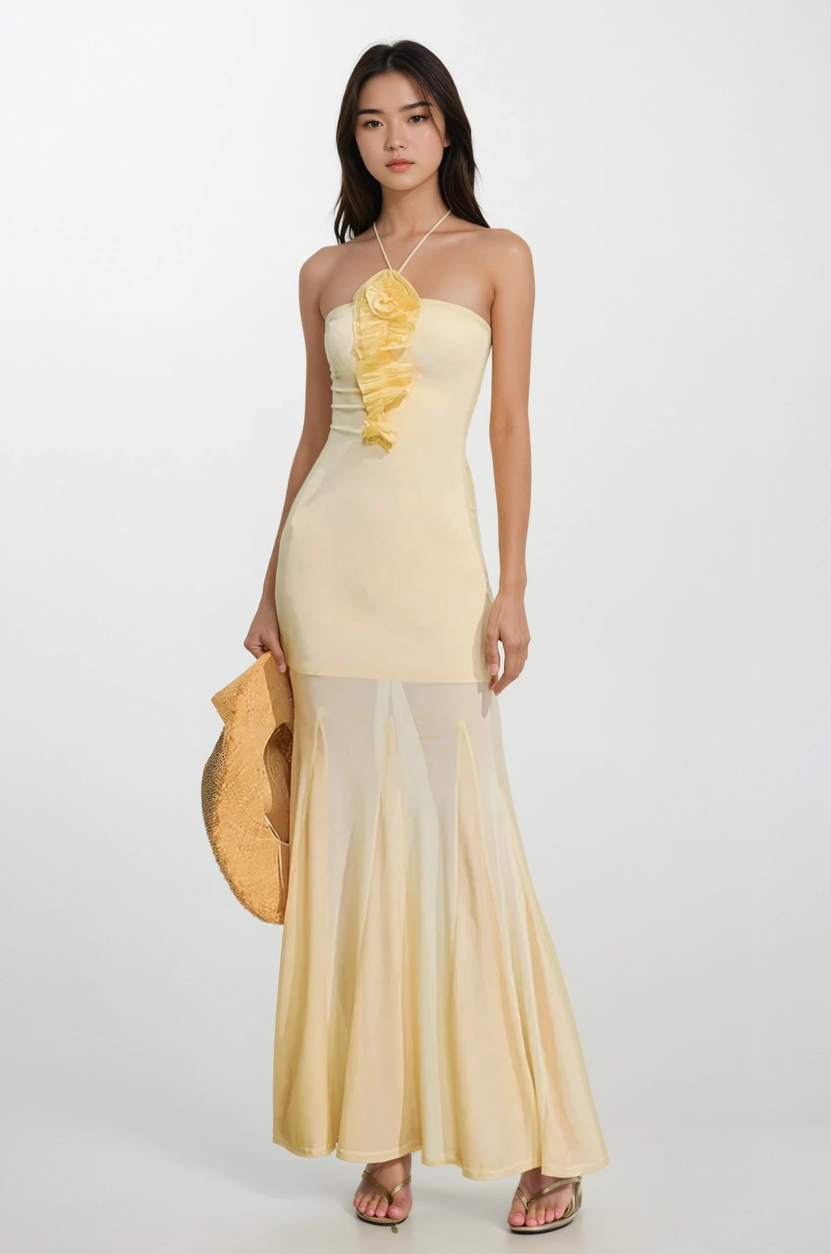 Strapless Halter Maxi Dress with Sheer Hem and Floral Detail