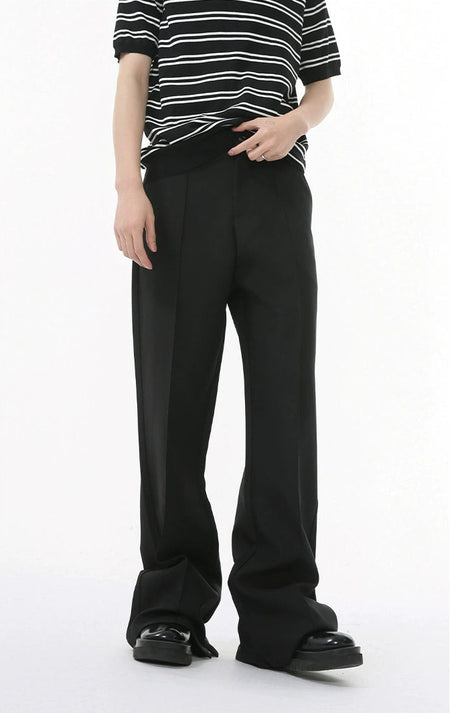 Wide Leg Semi-Flare Pleated Trousers with Stitching Details and Extended Hem