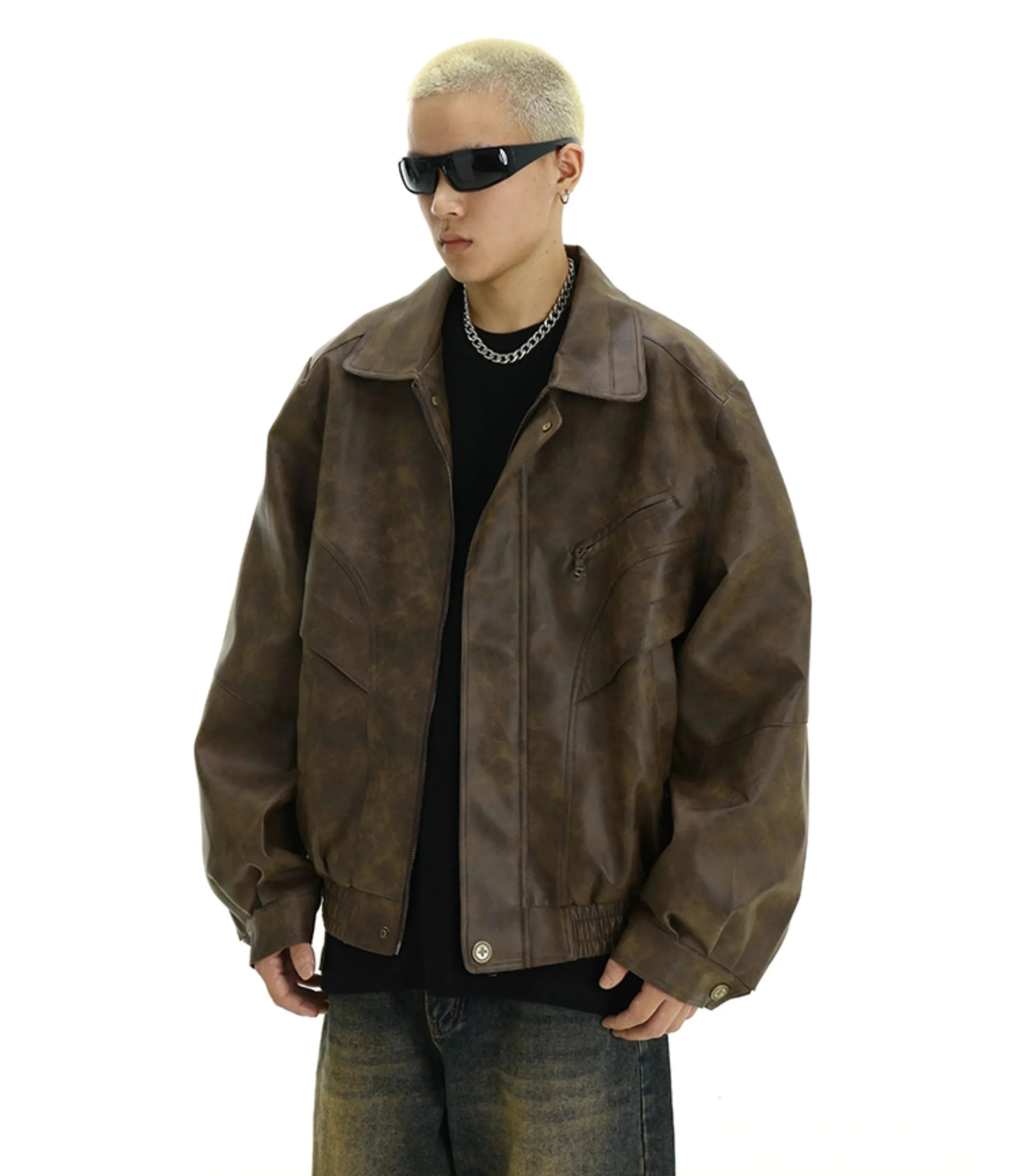 Oversized Faux Leather Panelled Collared Bomber Jacket