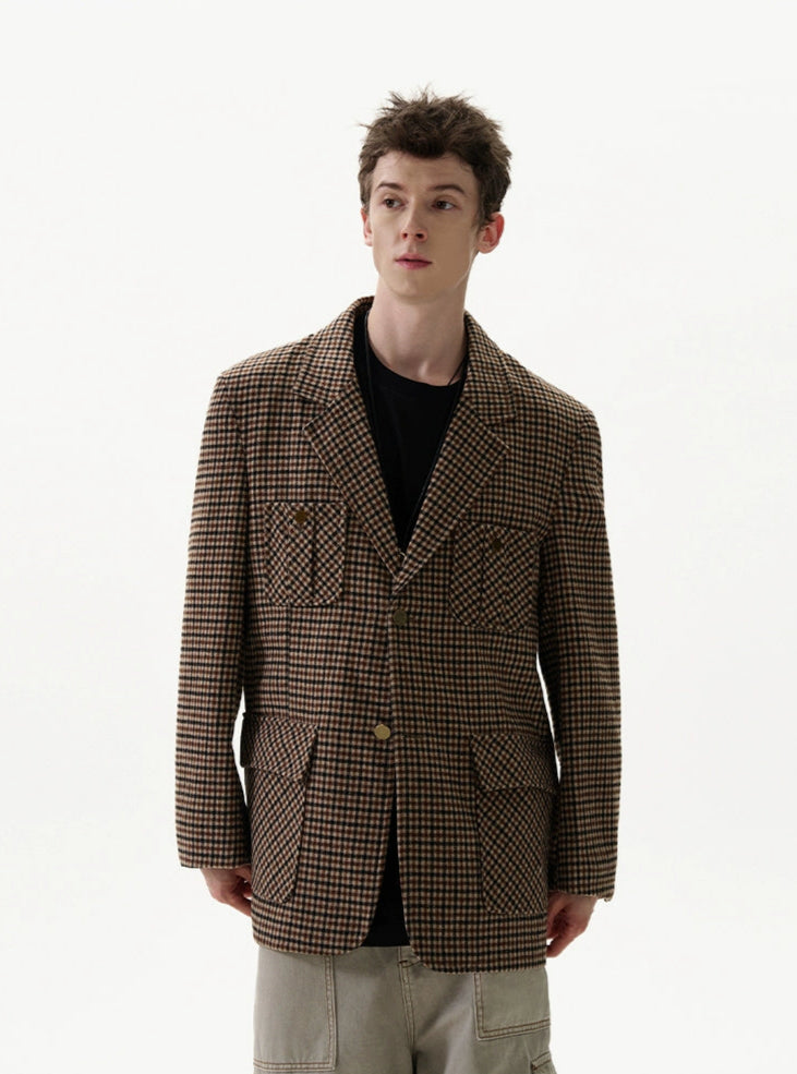 Checker Pattern Single-Breasted Blazer Jacket