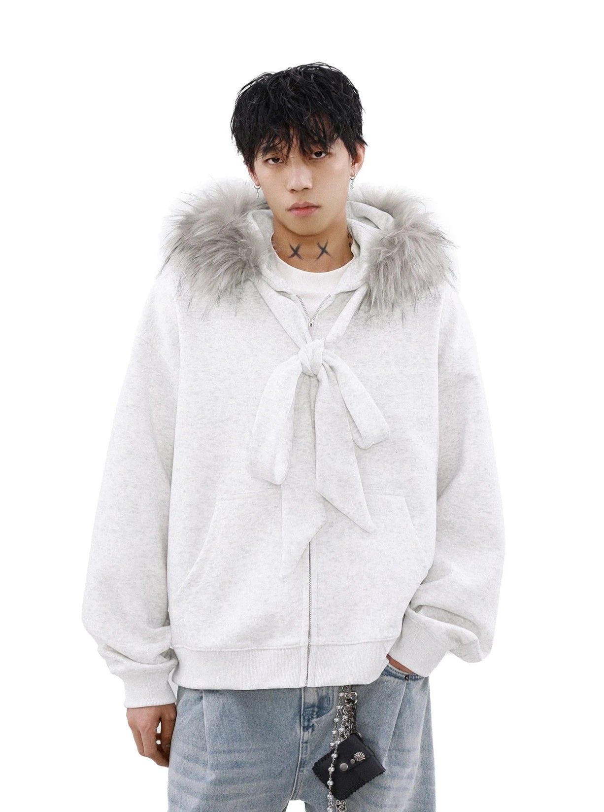 Zip Up Hoodie With Fur Hood Faux Fur Lined Zip-Up Hoodie With Bow