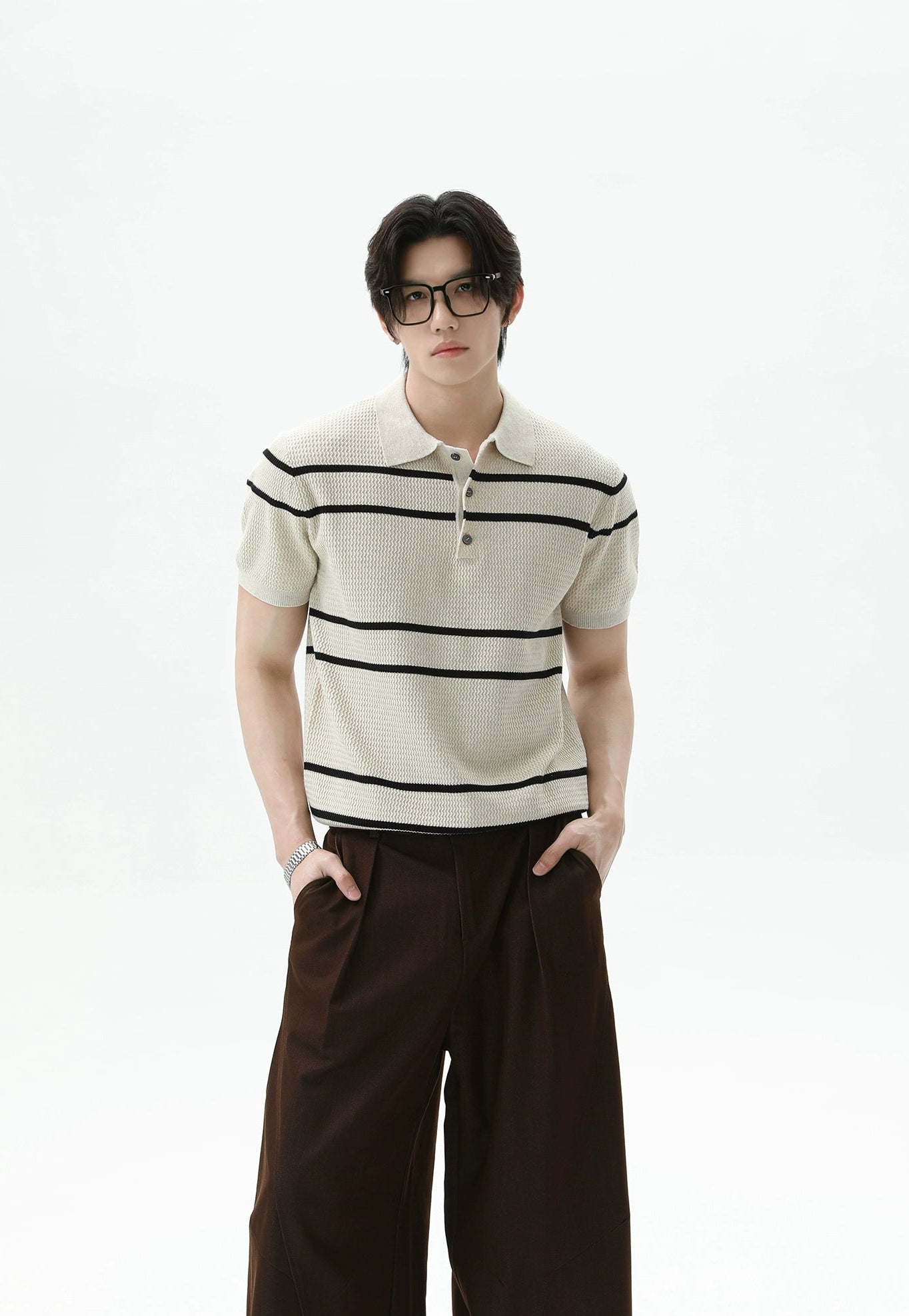 Textured Knit Polo Shirt with Horizontal Stripes