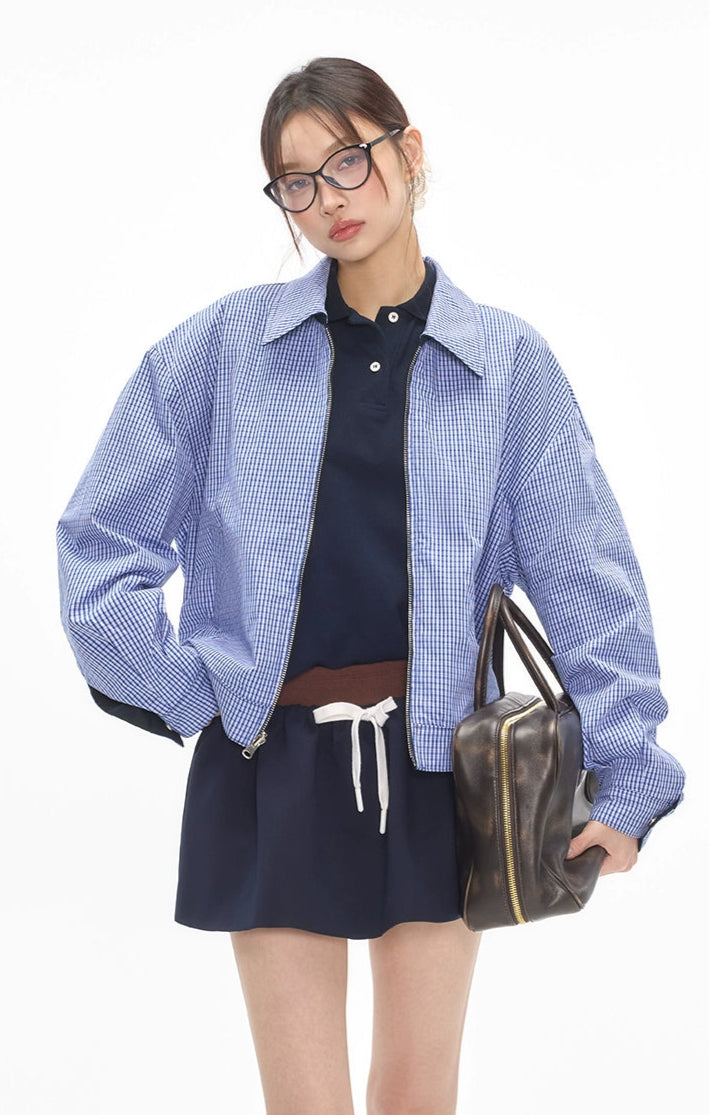 Reversible Zip-Up Gingham Check Collared Jacket