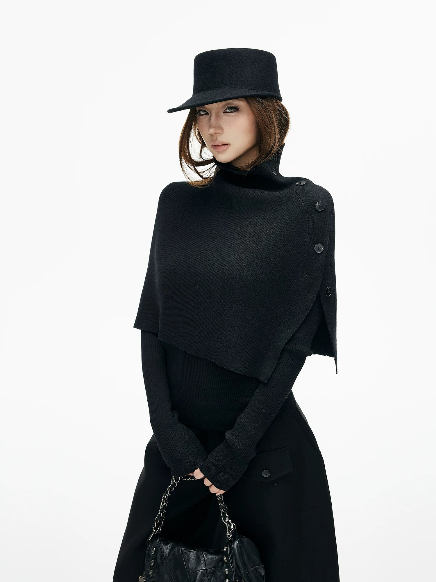 Slim Knit Long Sleeve Top with Removable Button Cape - nightcity clothing