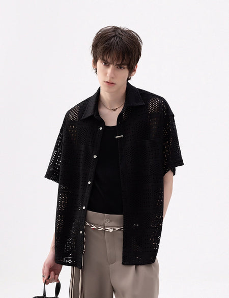 Open Knit Drop Shoulder Short Sleeve Button Shirt