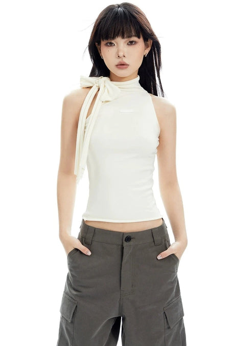 Sleeveless Turtleneck Top with Side Bow Scarf Detail - nightcity clothing