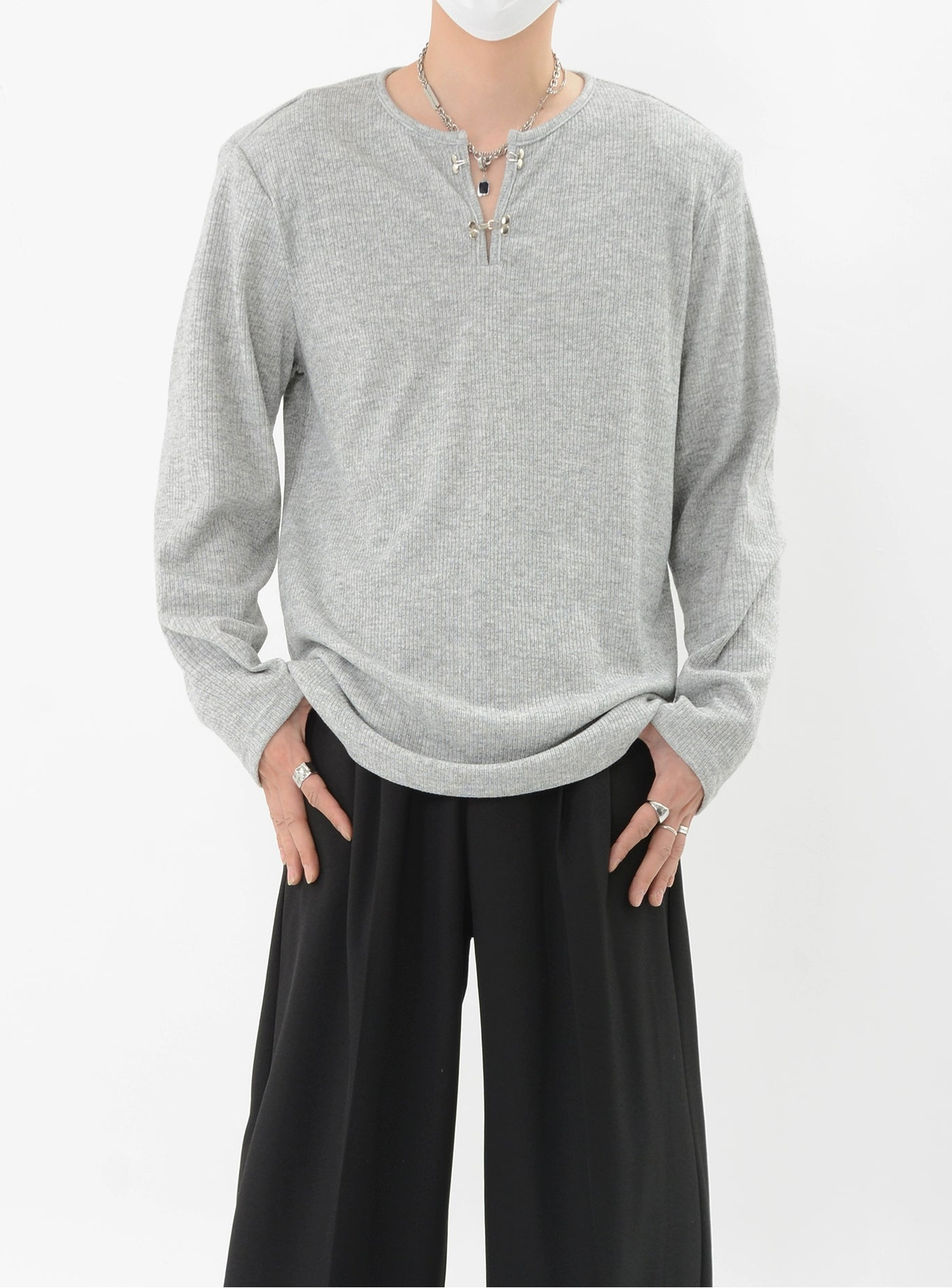 Ribbed Metal-Clasp Hook Henley Long Sleeve Tee - nightcity clothing