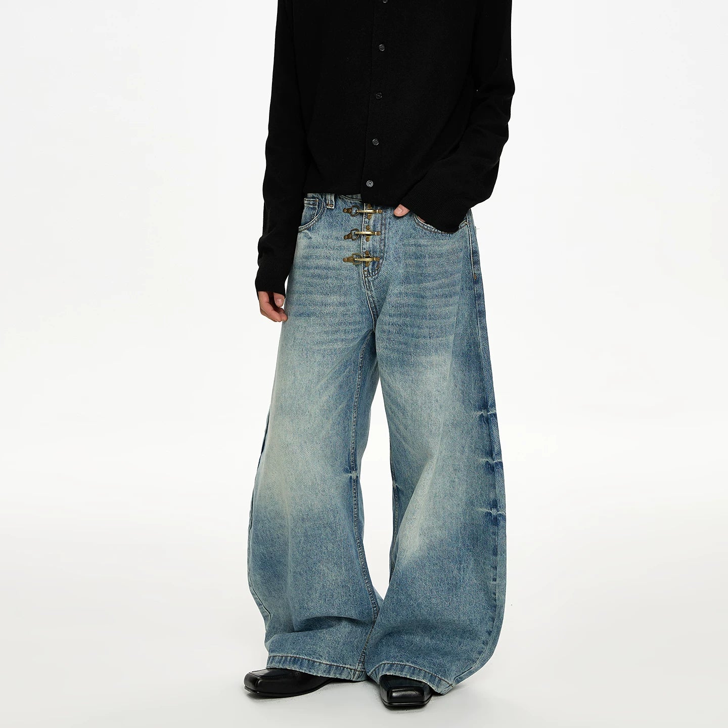 Fireman Buckle Crotch Wide Leg Vintage Wash Denim Jeans