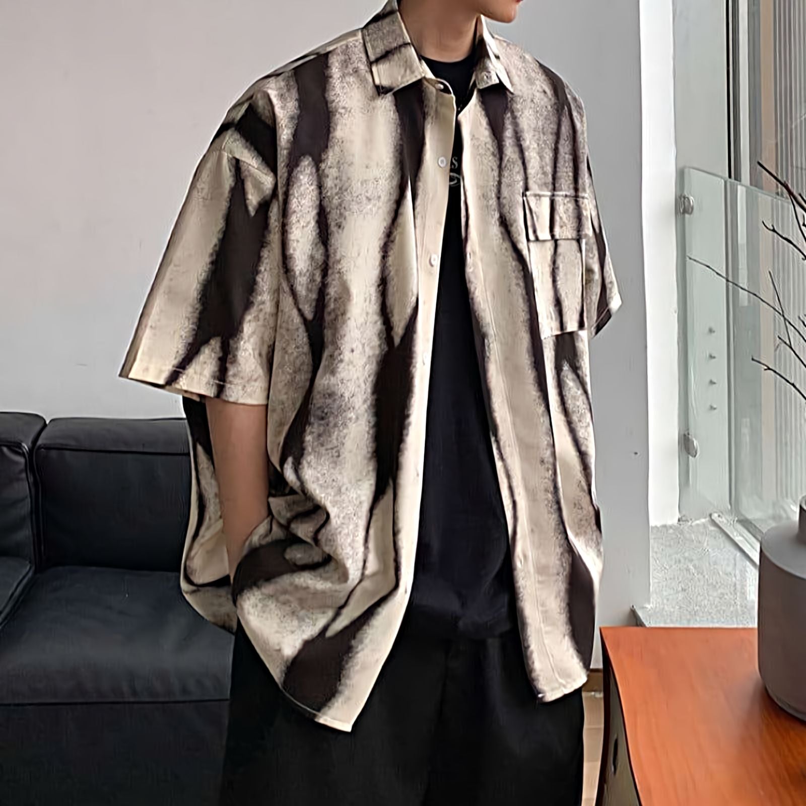 Abstract Print Button Shirt
