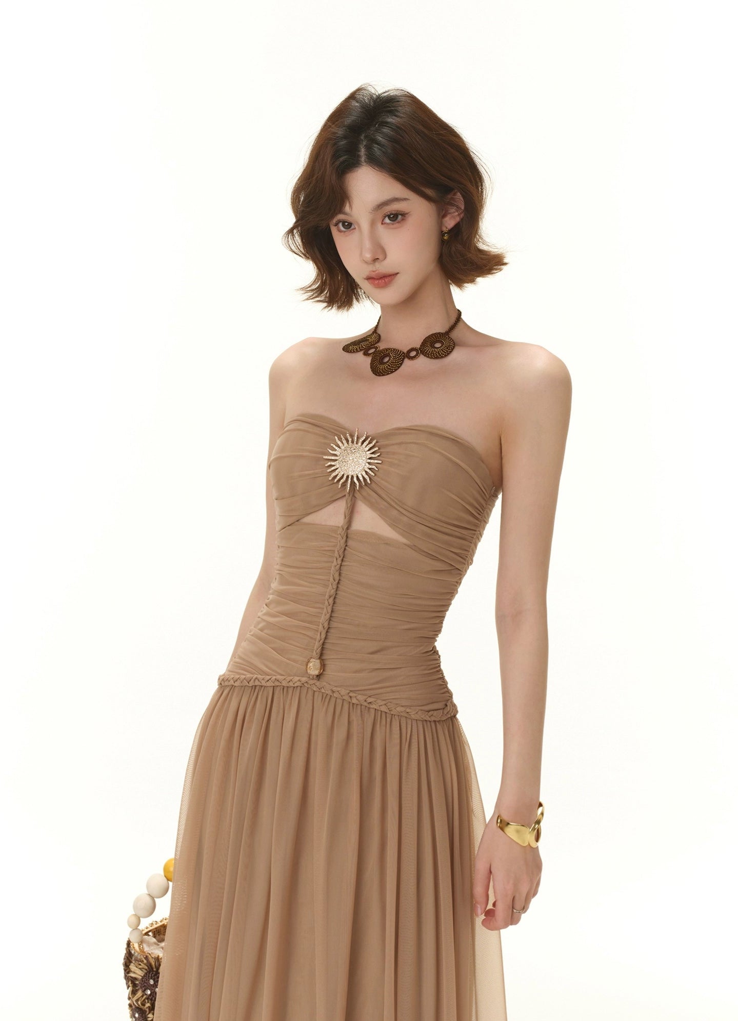 Strapless Ruched Maxi Dress with Sheer Overlay and Brooch