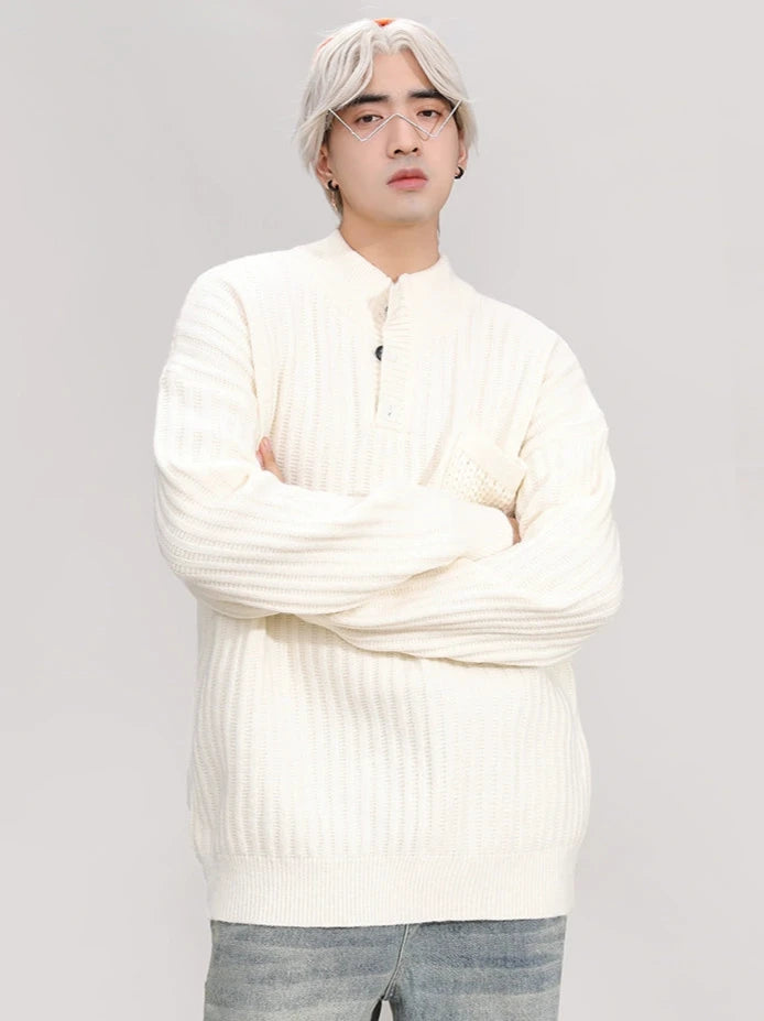 Mock Neck Ribbed Knit Sweater with Chest Pocket