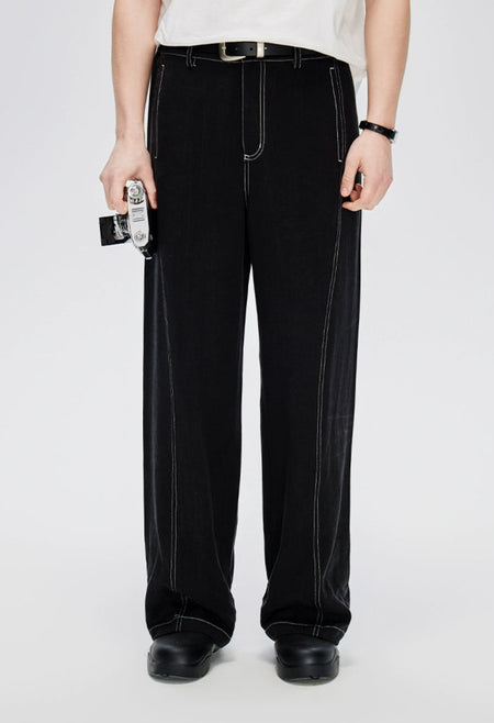 Straight Leg Linen-Blend Contrast Stitch Pants
