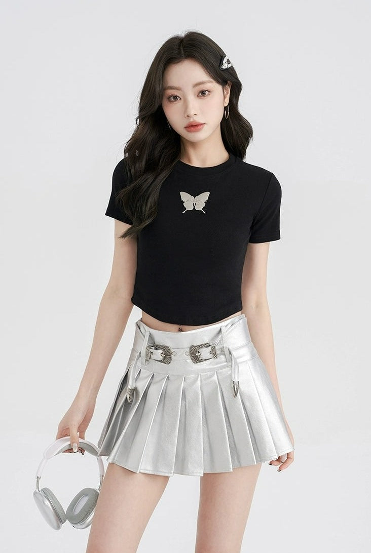 Metallic Pleated Mini Skirt with Buckle Details