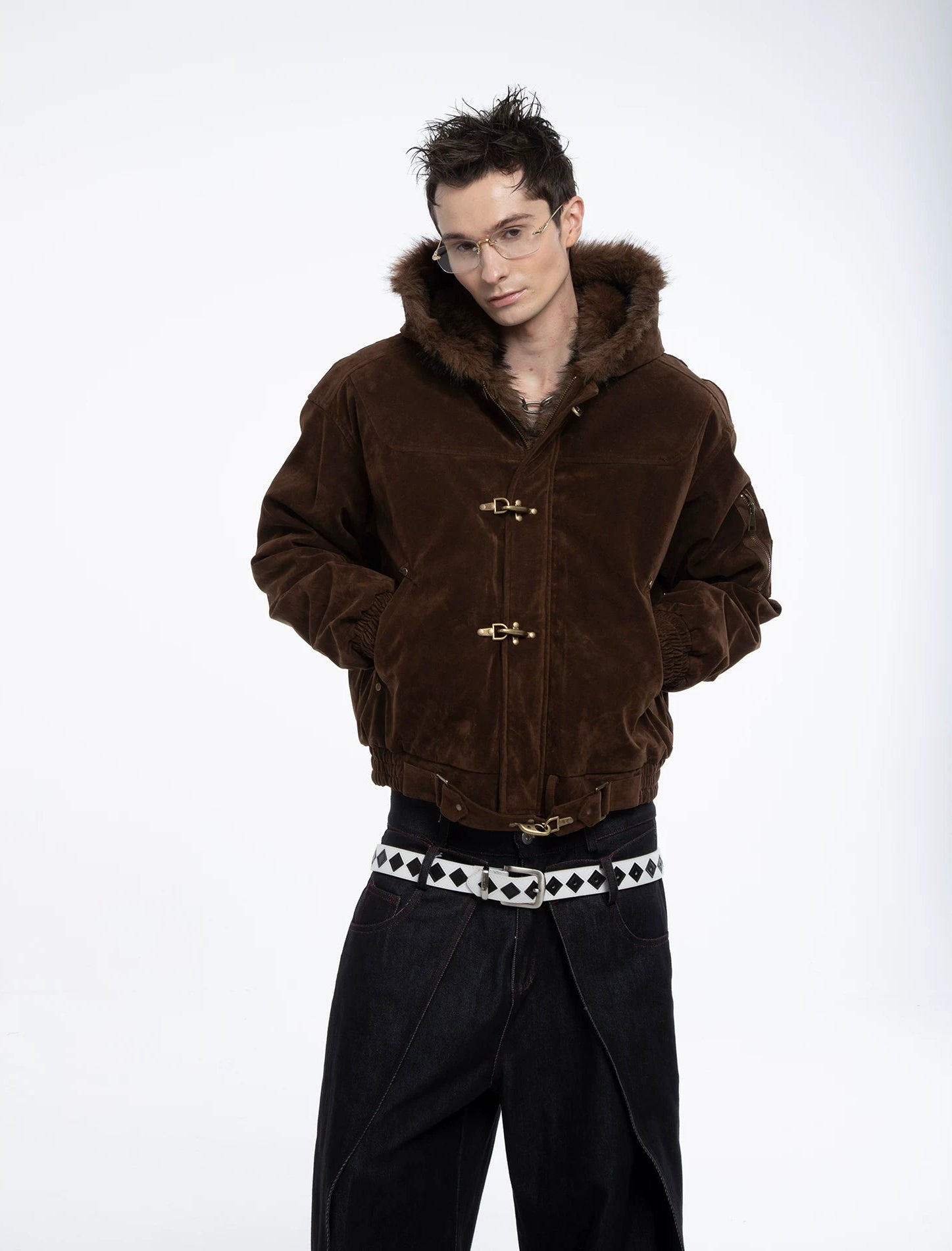 Faux Shearling Lined Suede Fireman Buckle Jacket