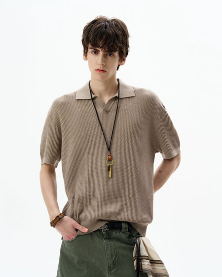 Oversized Textured Short Sleeve Knit Polo Shirt