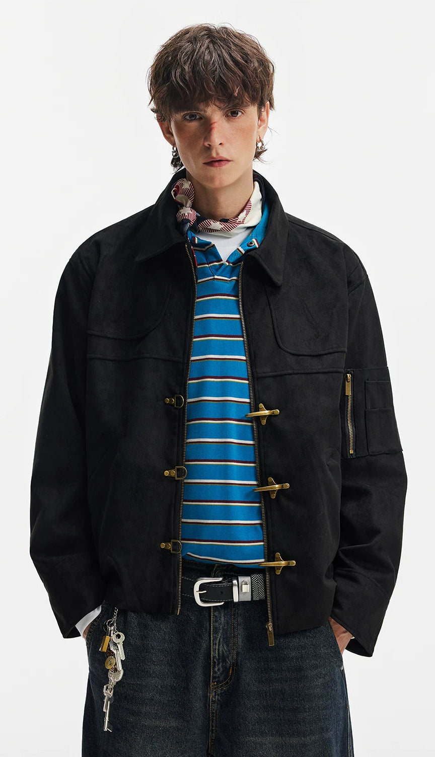Suede Zip Jacket with Fireman Clasp Detail - nightcity clothing