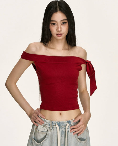 Off Shoulder Ribbed Knit Top with Side Bow Detail - nightcity clothing