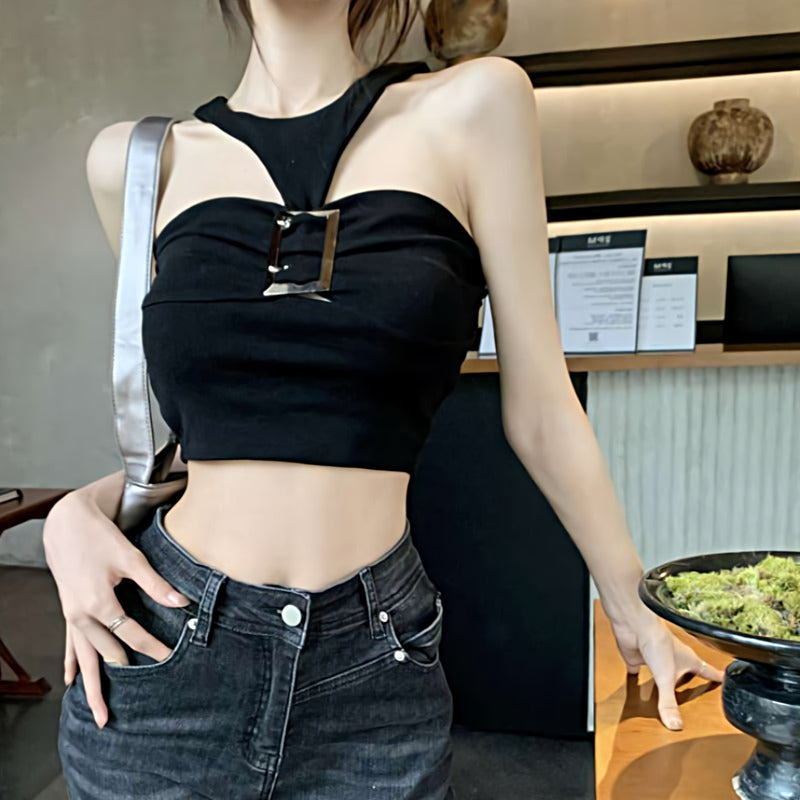 Halter Strap Buckle Crop Top