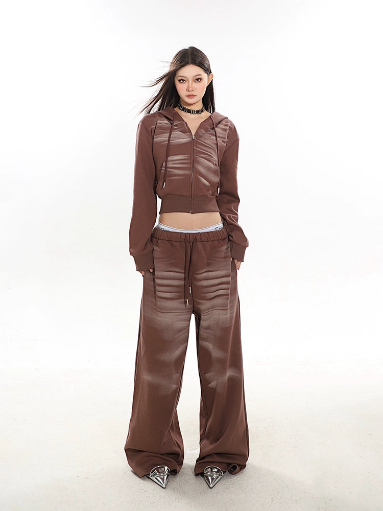 Cropped Zip-Up Wrinkle-Print Hoodie and Jogger Pants Sweatsuit Set