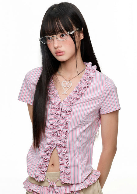 Stripe Ruffle Trim Short Sleeve Blouse