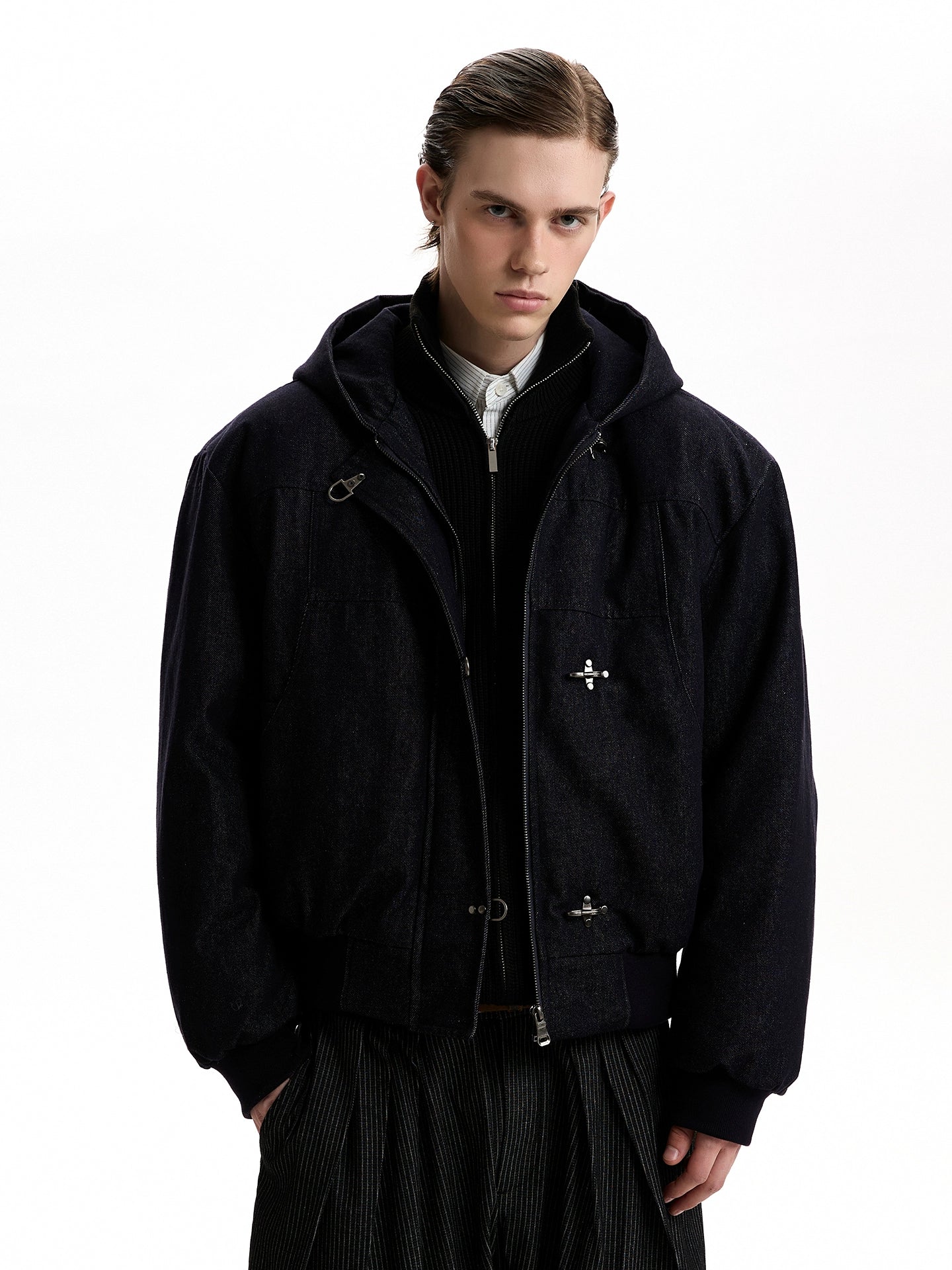 Boxy Fireman Clasp Hooded Dark-Wash Denim Zip Jacket