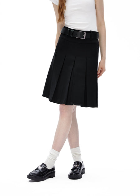 Pleated Midi Skirt with Wide Belt Loops - nightcity clothing