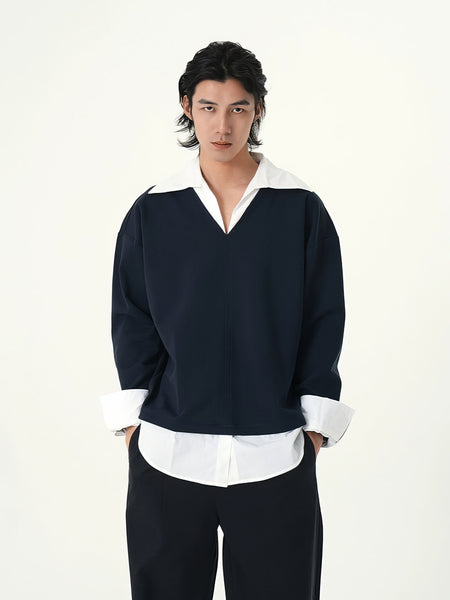 Mock Layered V-Neck Pullover with Contrast Collar