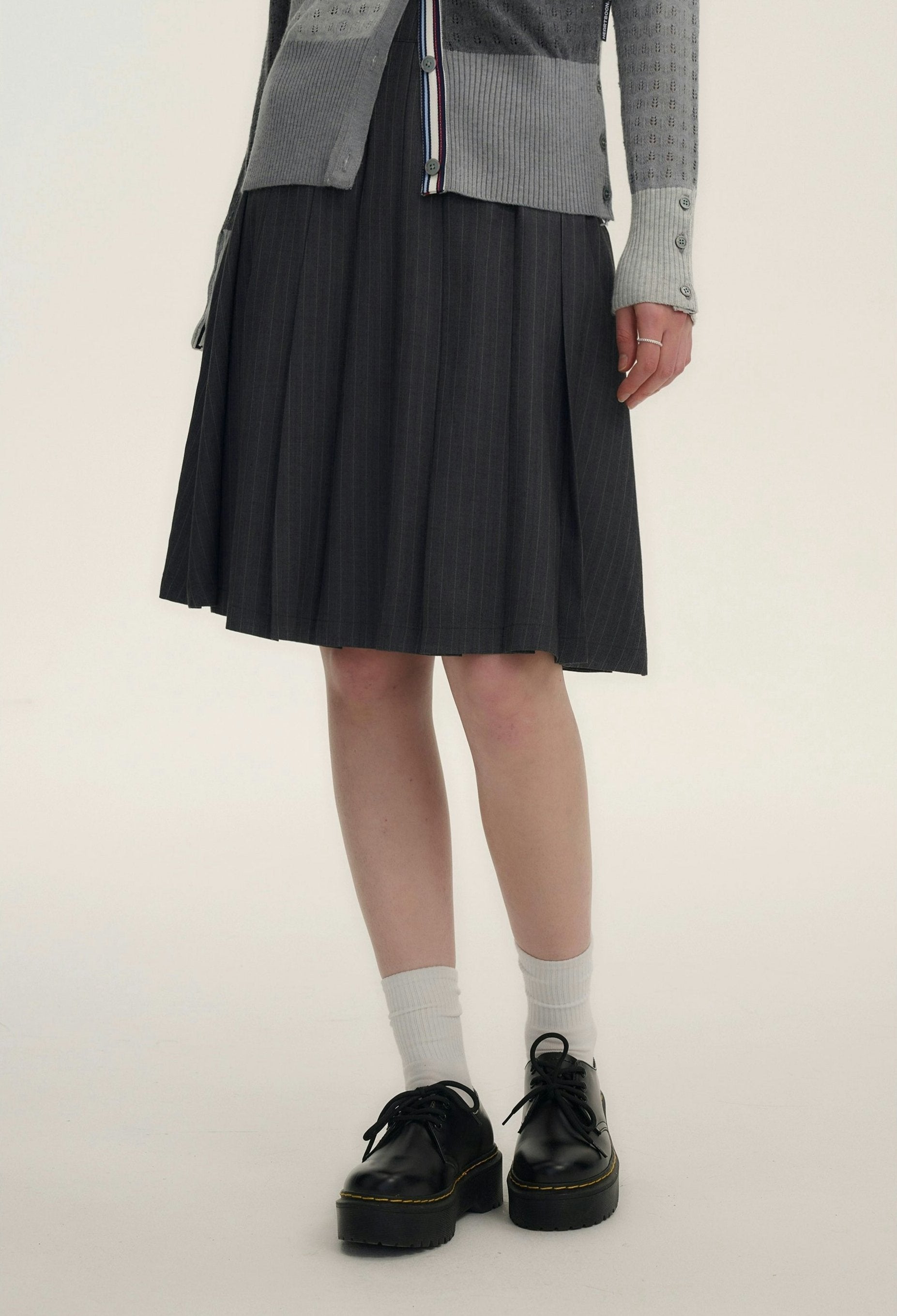 Pinstripe Pleated Short-Midi Skirt