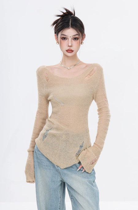 Distressed Hem Knit Lightweight Top with Thumb Holes - nightcity clothing