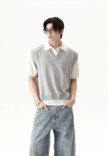 Ribbed Mock Two-Piece Vest Collared Shirt
