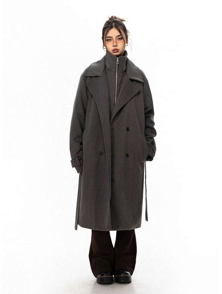 Oversized Belted Double Breasted Coat with Wide Collar